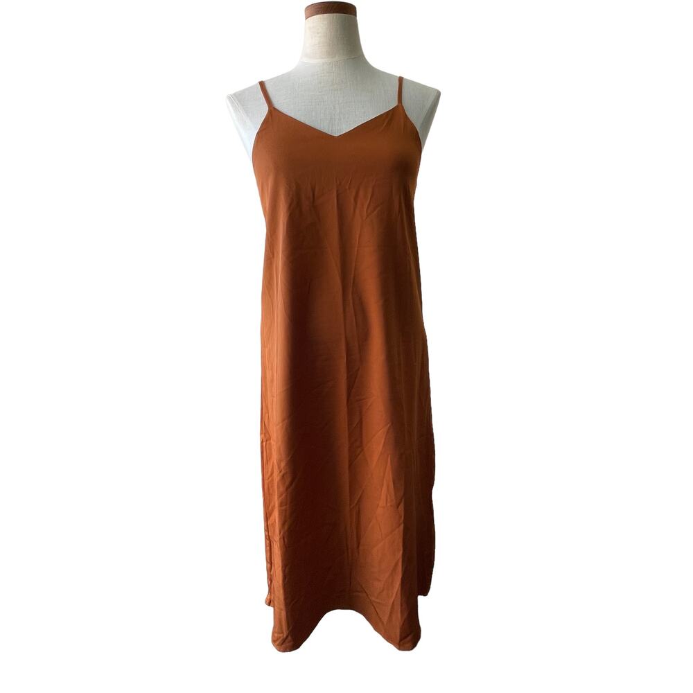 The Open Satin Silky Spaghetti Strap V-Neck Midi Dress in Burnt Orange -S